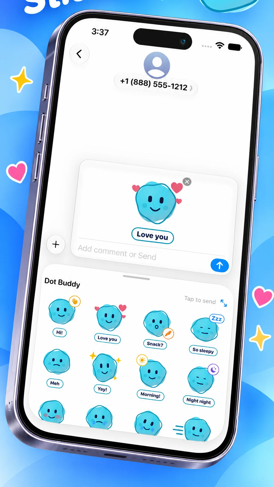 An iMessage conversation with Squiggle’s Love you sticker and a tray of expressive Dot Buddy stickers.